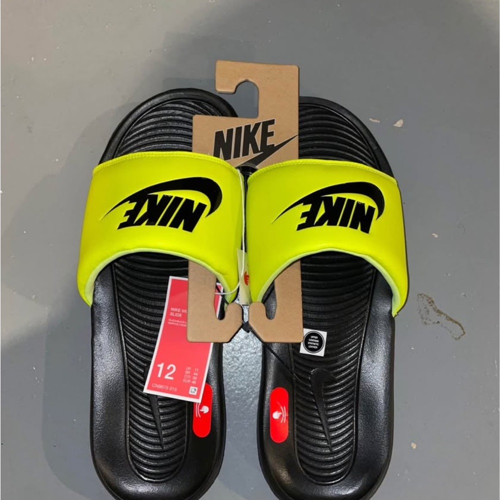Nike Black and Neon Green Slides